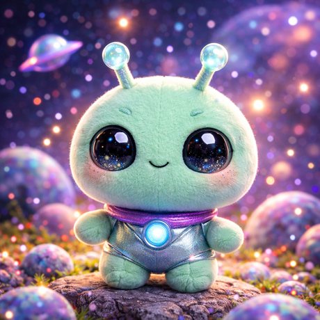 Reference: a mint-green plush alien in a cosmic scene
